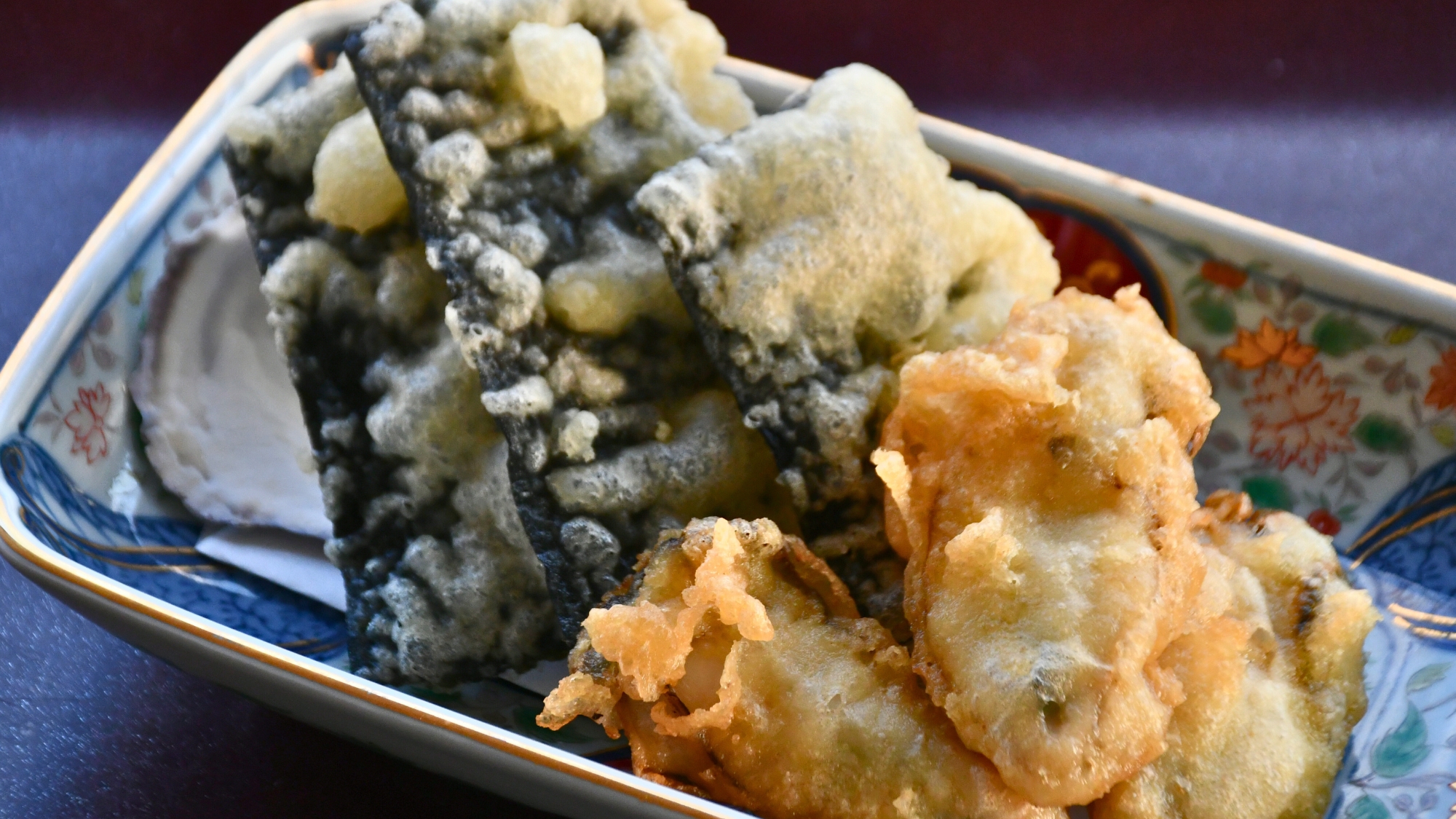 【東松島ガストロノミー～極きわみコース】お料理一例。牡蠣と岩海苔を地ビールで揚げた一品。