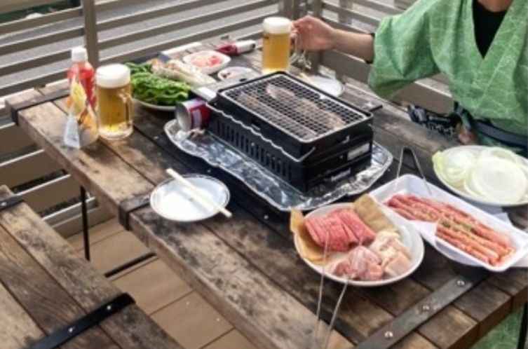 浴衣でテラスにてBBQ、最高ですよ