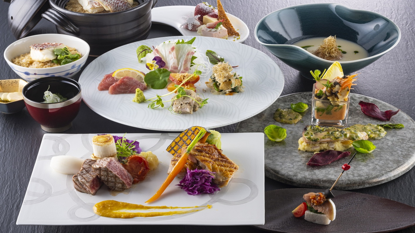 【楽天スーパーSALE】5％OFF★特選★伊予牛・真鯛・松山鶏！県産食材を和洋会席で