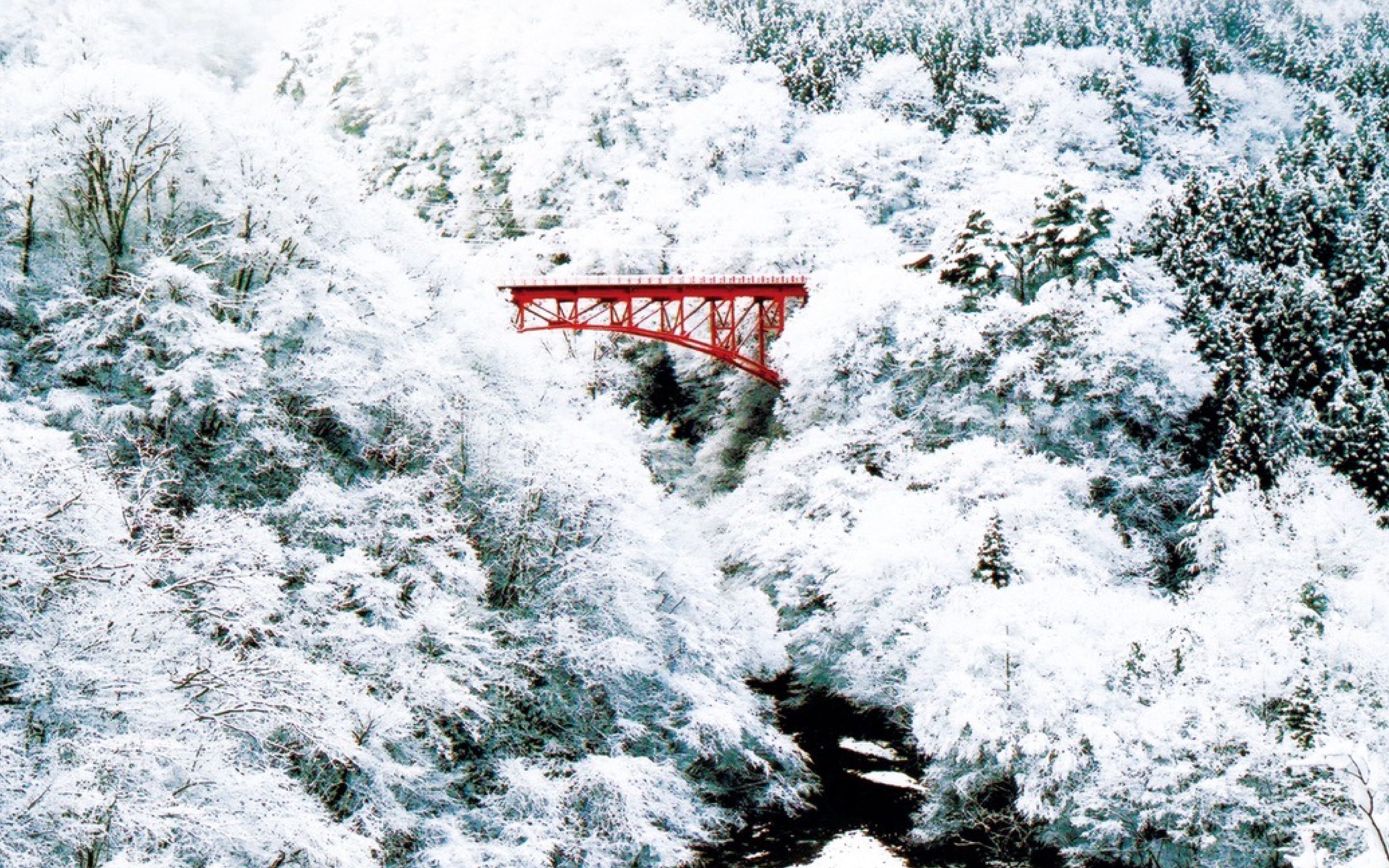 冬の高井橋は多くの絶景スポットの１つ。赤と白のコントラストが最高