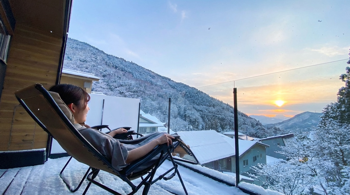渓谷に沈む夕陽と雪景色をお楽しみいただけます