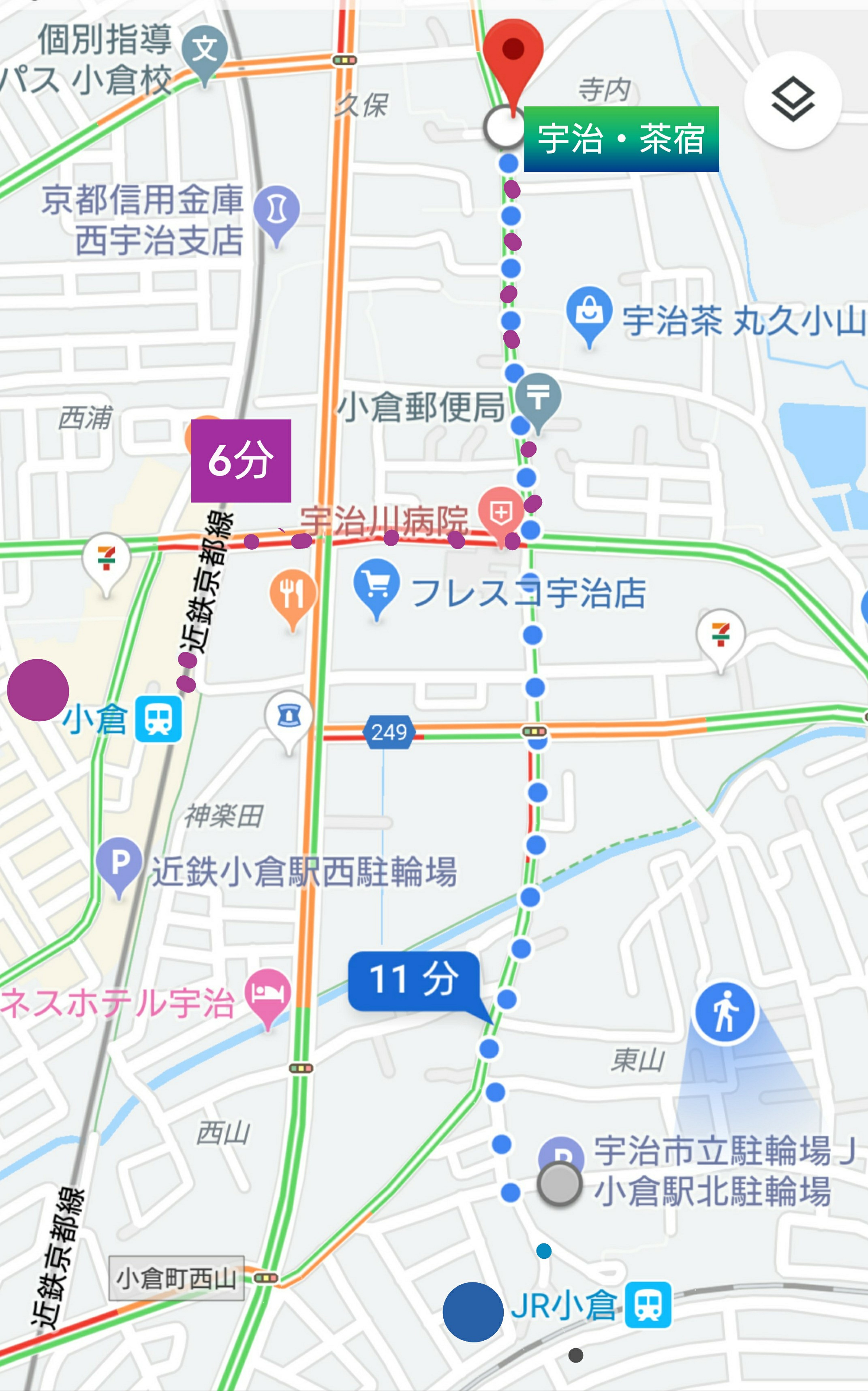 JR小倉駅、近畿鉄道小倉駅から宿までの地図