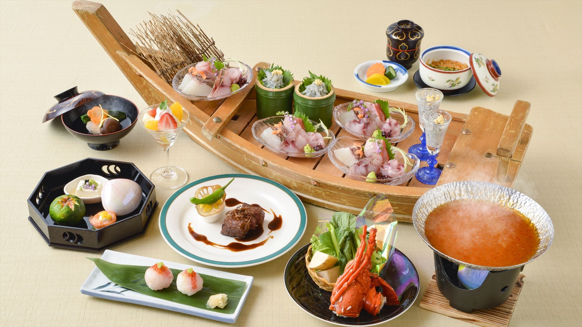 【夕食・朝食付】伊勢海老と蟹の和風ブイヤベースと愛鷹牛ステーキ   地魚舟盛り極み会席｜2月まで