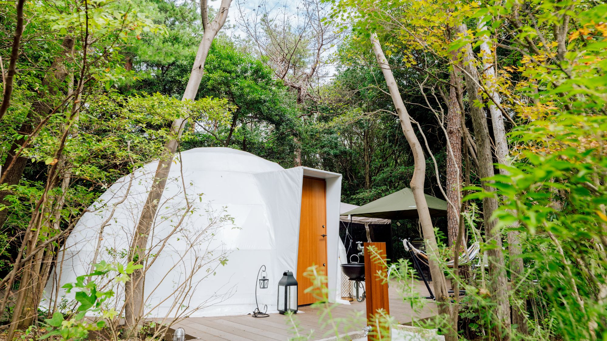 森に抱かれたウッドデッキ。ハンモックに揺られ、愛犬と木漏れ日を浴びる癒やしの午後。