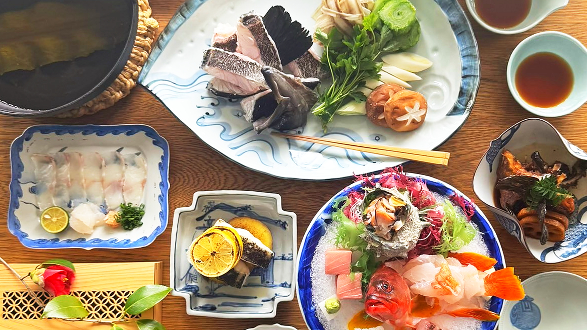 五島灘で獲れた天然クエプラン (お料理例）五島の海の幸を存分にお楽しみください。