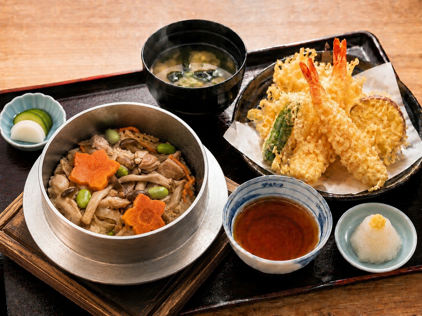 期間限定【1泊夕食】ご夕食は一つずつ丁寧に炊き上げる但馬地鶏の釜めしと季節の天ぷら定食