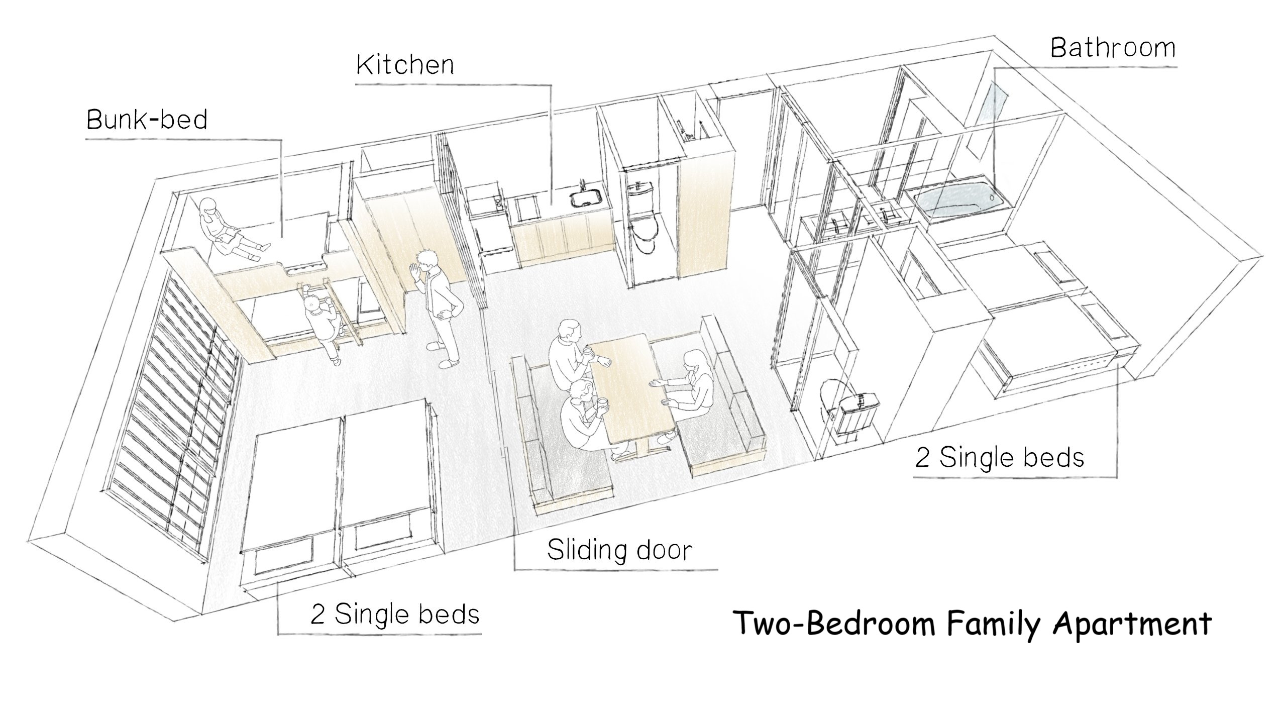 2ベッドルームファミリーアパートメント　間取り図
