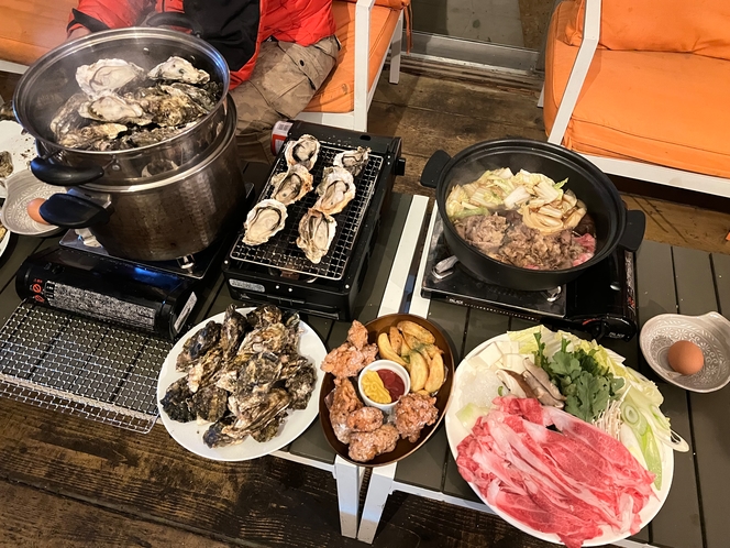蒸し牡蠣、焼き牡蠣、黒毛和牛すき焼き食べ放題