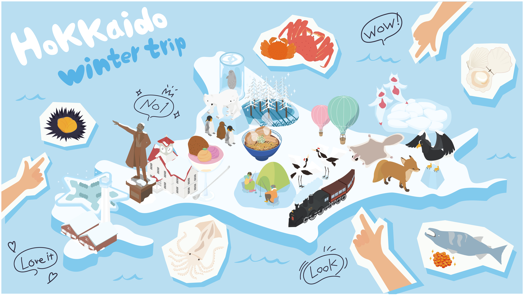 冬の北海道のグルメや観光をまとめたアイソメイラスト☆