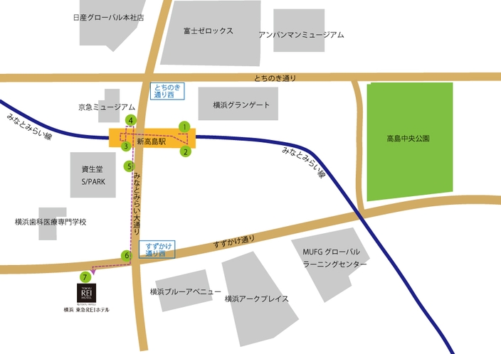 新高島駅よりホテルまでの道順案内（地図）
