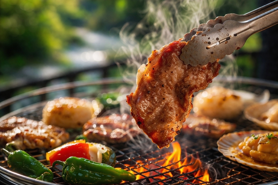 【1日2組限定】川辺テラスで炭火BBQ｜四万十牛・土佐鴨の重箱ディナー