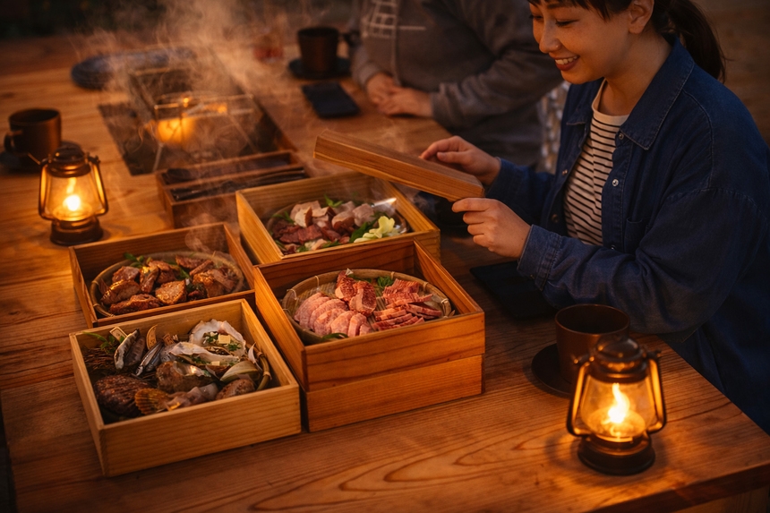【1日2組限定】川辺テラスで炭火BBQ｜四万十牛・土佐鴨の重箱ディナー