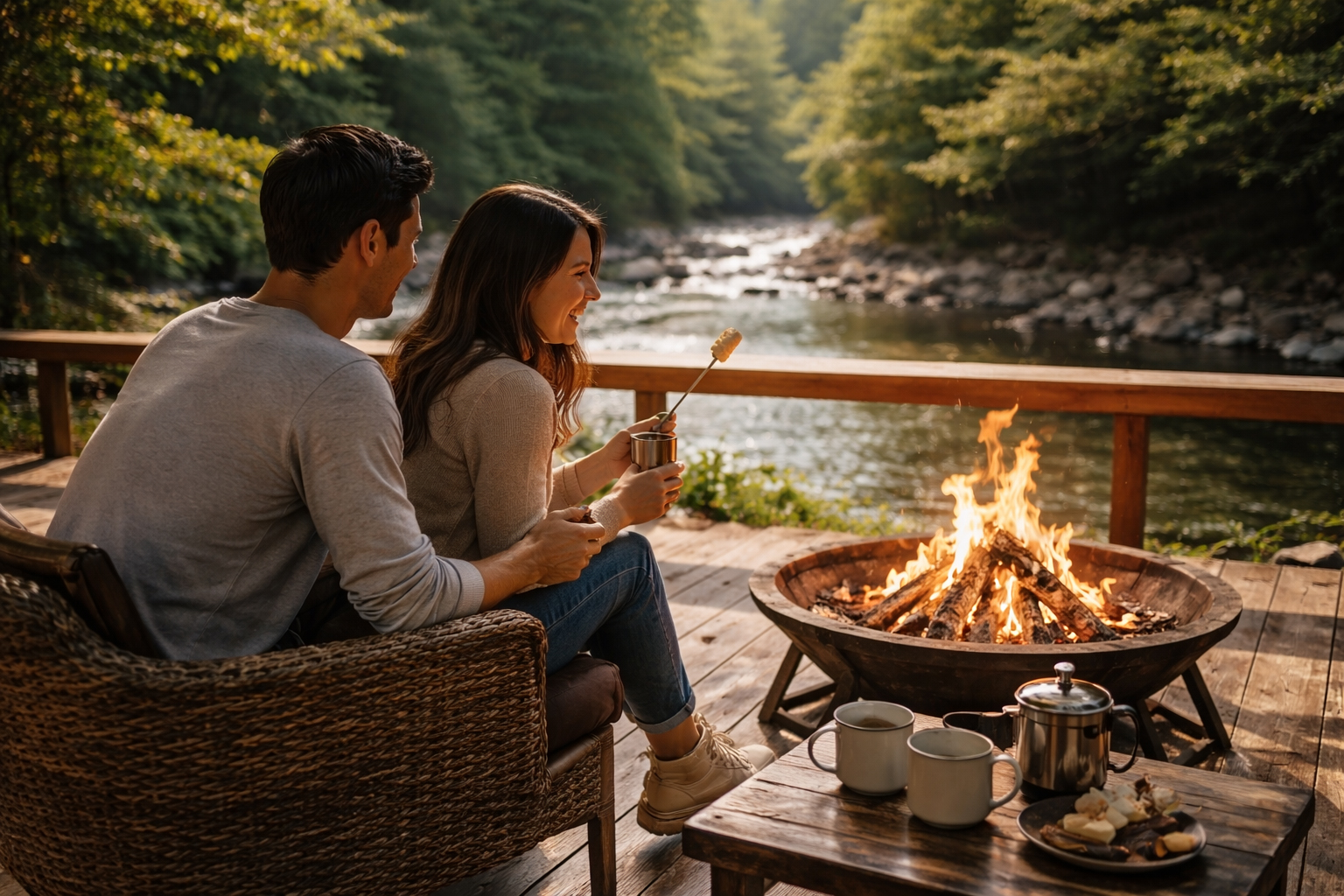 川辺のテラスで焚き火をしながら静かな源流時間