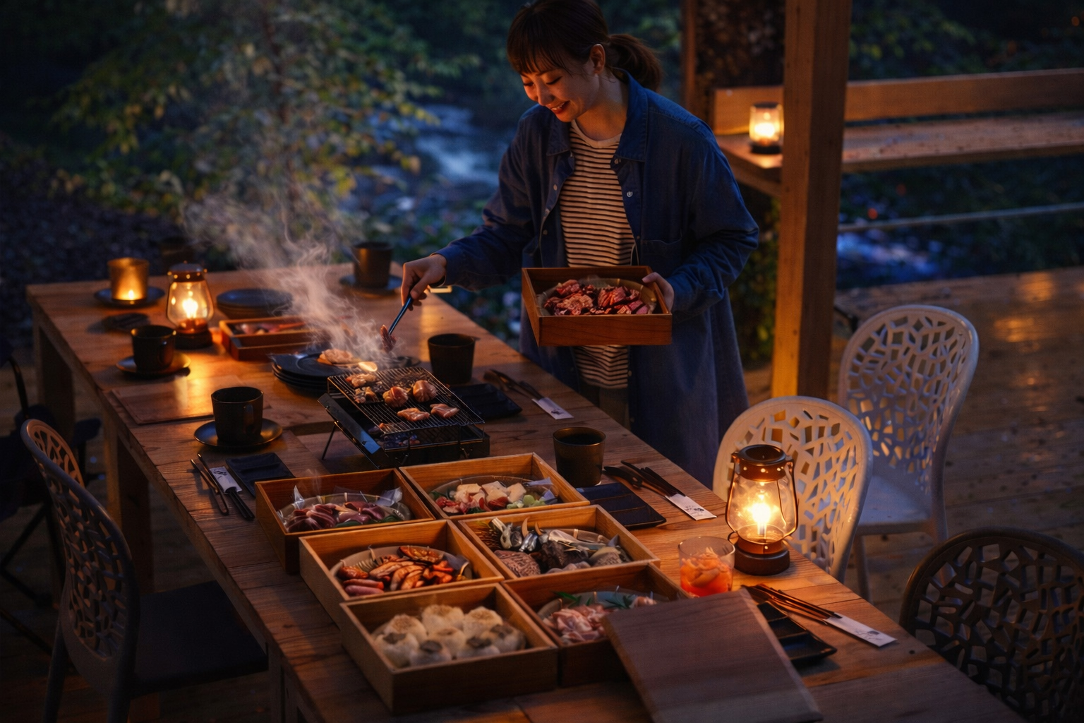 重箱を囲んでブランド肉を炭火で焼いてたのしむ贅沢な夜