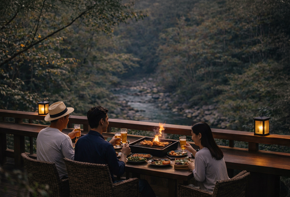 川辺のテラスで贅沢なバーベキューディナー