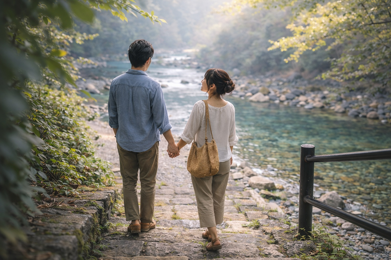 宿の石段を降りた先にはゲスト専用の川原が広がる