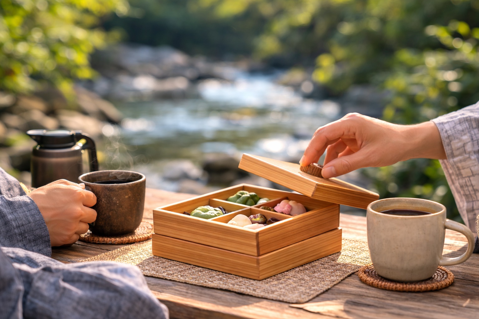 川原におりて甘味重とコーヒーを楽しむオプション「ピクニック重」