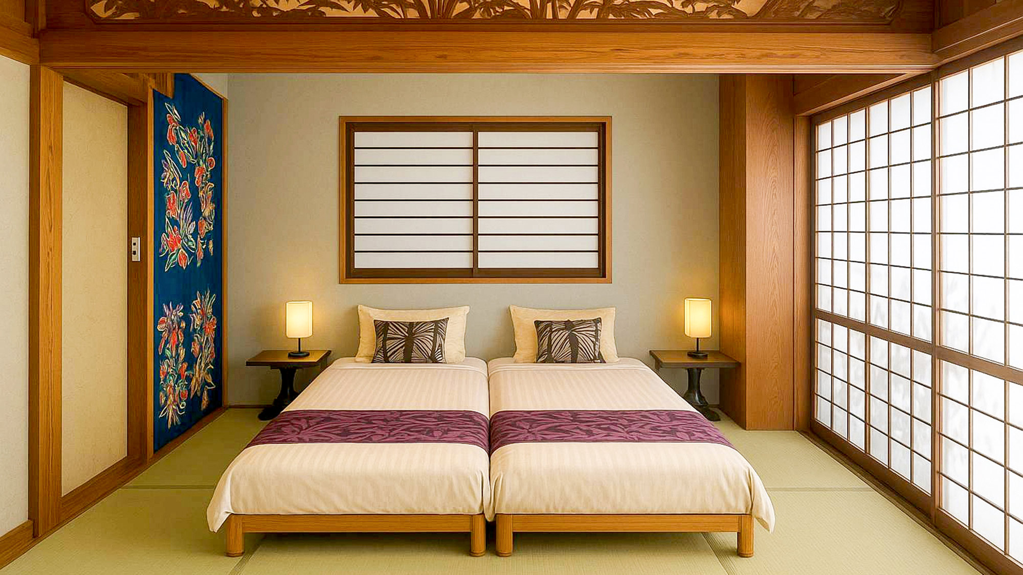 ・【2LDK個室（オキナワン）】畳のお部屋にシングルベッドを2台設置。お布団もご用意しております