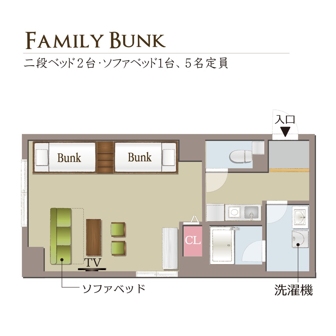 【2段ベッド+ソファベッド 】ファミリーバンク 5名定員　間取り