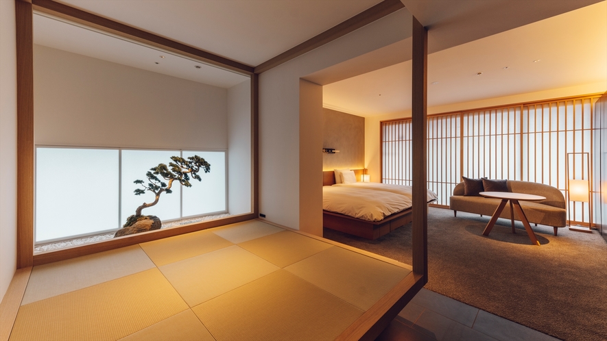 Tsuboniwa Suite／畳に布団を敷いてご宿泊いただけます。