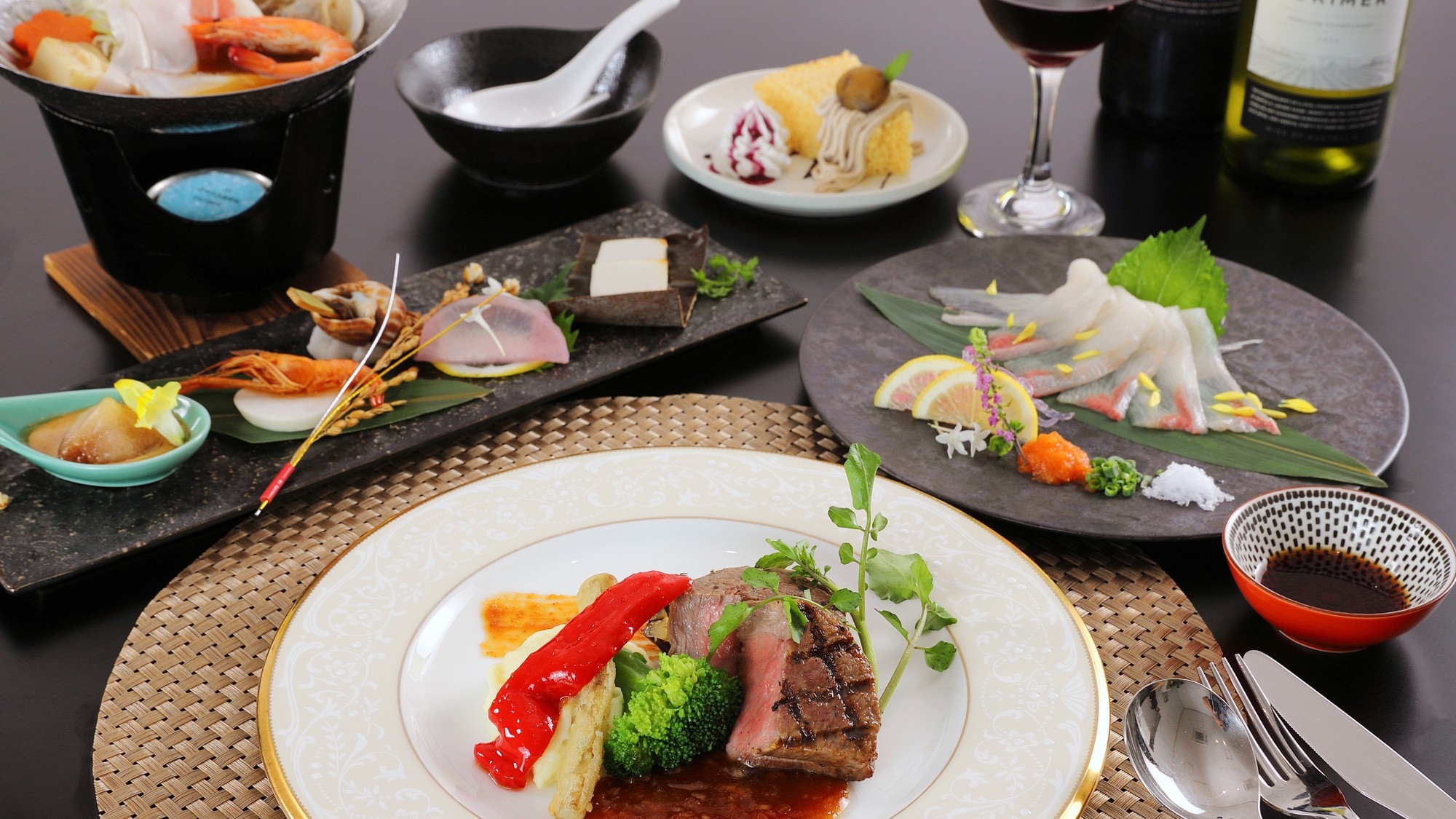 【ホテル棟】鹿児島県産の黒毛和牛付！地元食材を使ったコース■『松コース』プラン（２食付）