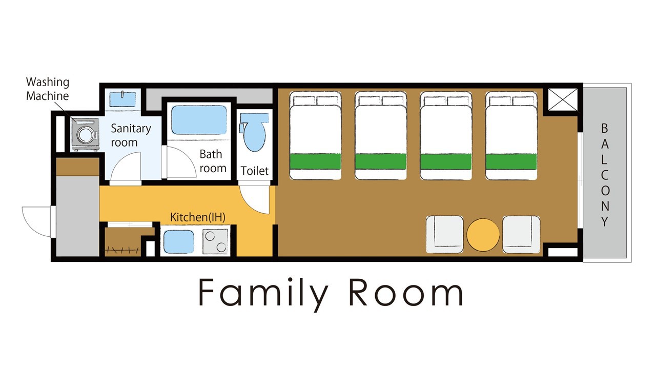 ファミリールームはシングルベッドが4台並んだお部屋です★家族旅行にもグループ旅行にもぴったり♪