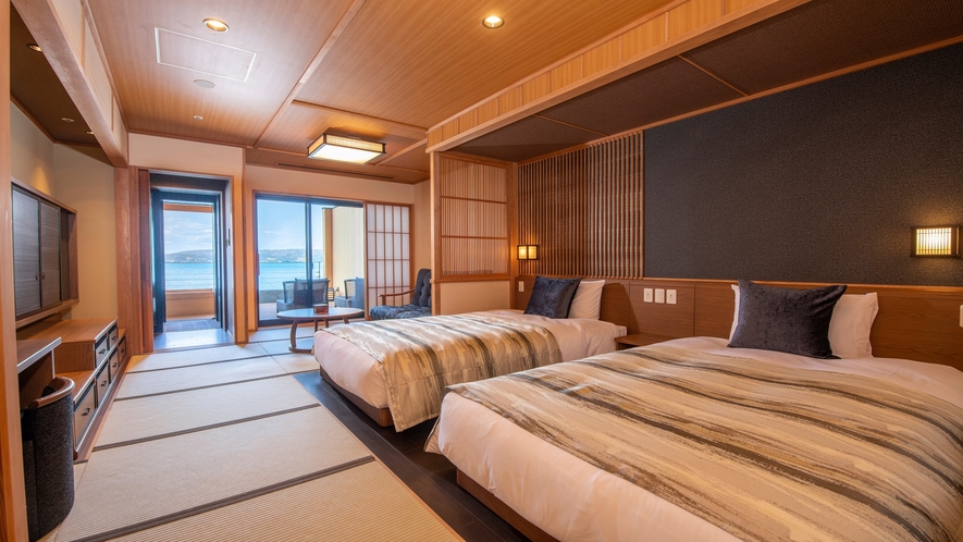 【特別室ツイン一例】海に面した1階に3室だけ設けられた特別室のうち、ツインタイプのお部屋。