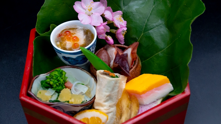 【前菜／春】　刻みお野菜の東寺巻き、菜の花の黄金和え・岩蛸柔らか煮、他