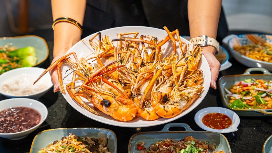 S-SENレストラン お粥ビュッフェ+炭火で焼いた大きな川エビ付き