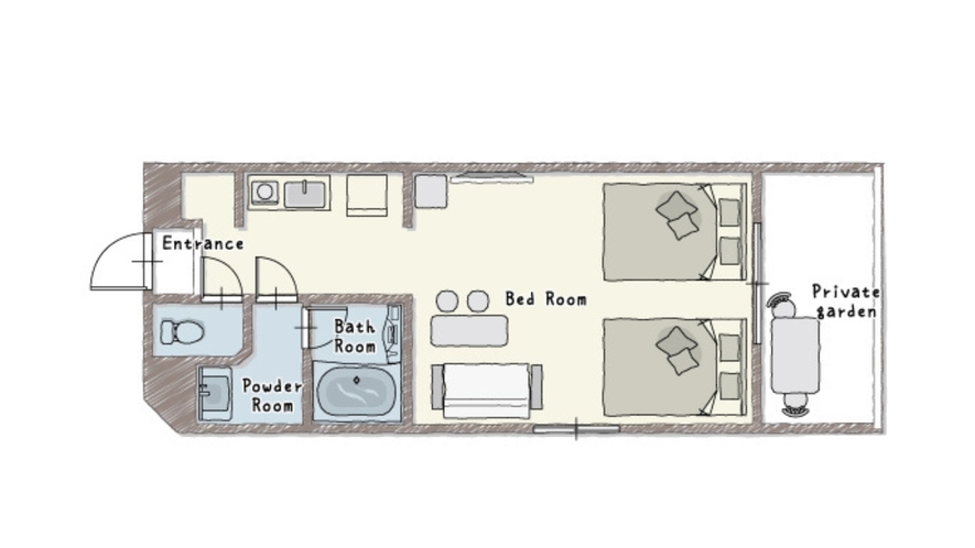 デラックスツイン専用庭付きルームの間取り図です。