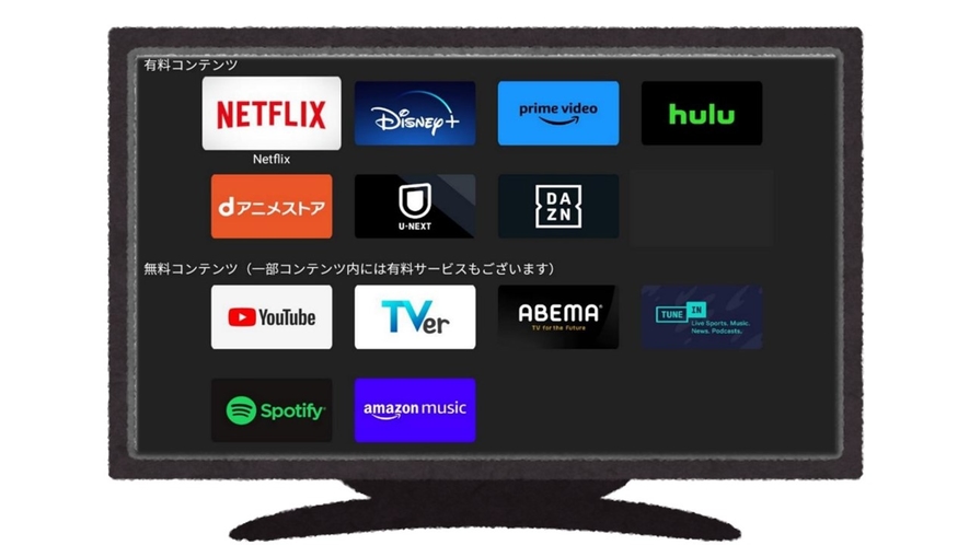 全客室スマートテレビ導入！各種動画配信サービスをご利用可能です！