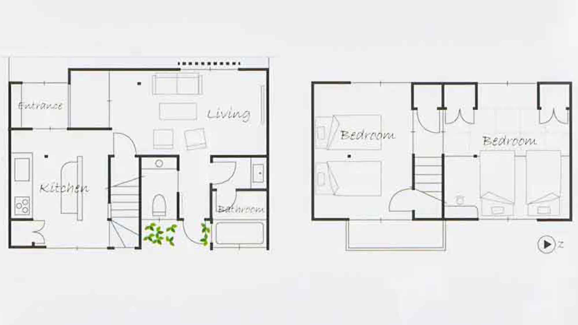 ・＜間取り図＞1階がキッチンとリビングルーム、2階がベッドルームでございます