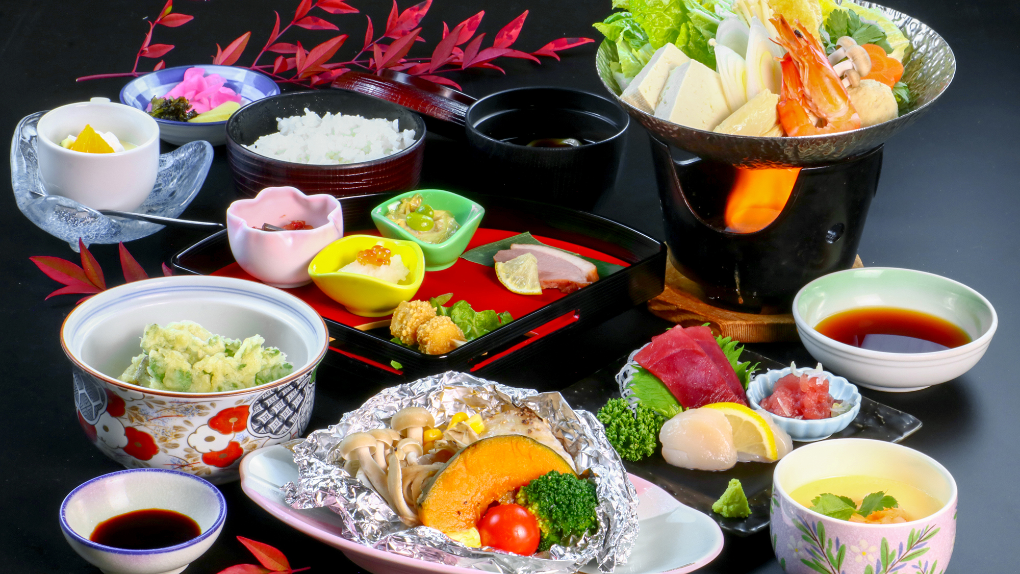 海の幸と旬の食材を楽しめるバランスのとれたコース。