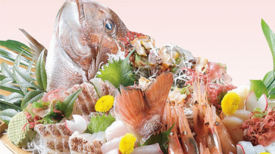 鯛や甘海老、旬魚を盛り込んだ日本海荒磯舟盛！※写真は5名様盛です