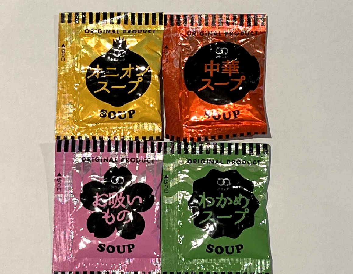 朝食会場で手軽にお楽しみいただける粉末のスープです。オニオン、中華、わかめ、お吸い物をご用意。