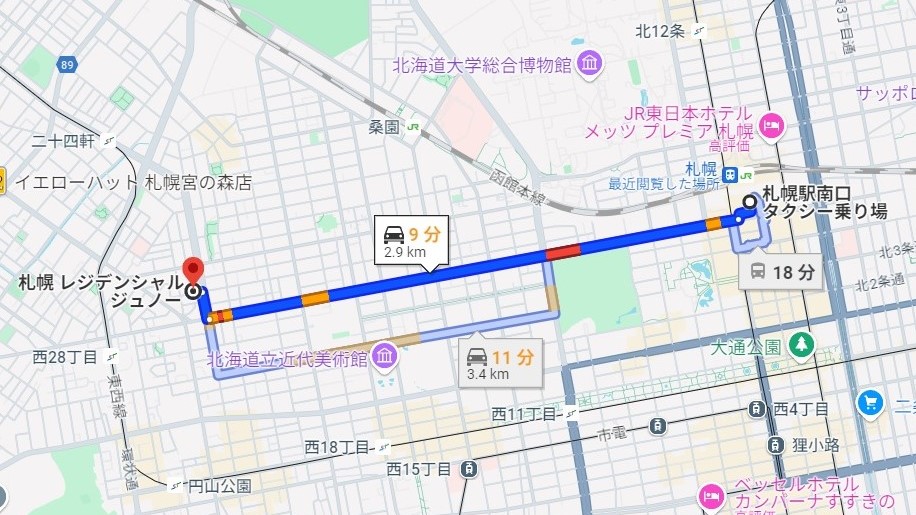 札幌駅からのタクシー経路地図