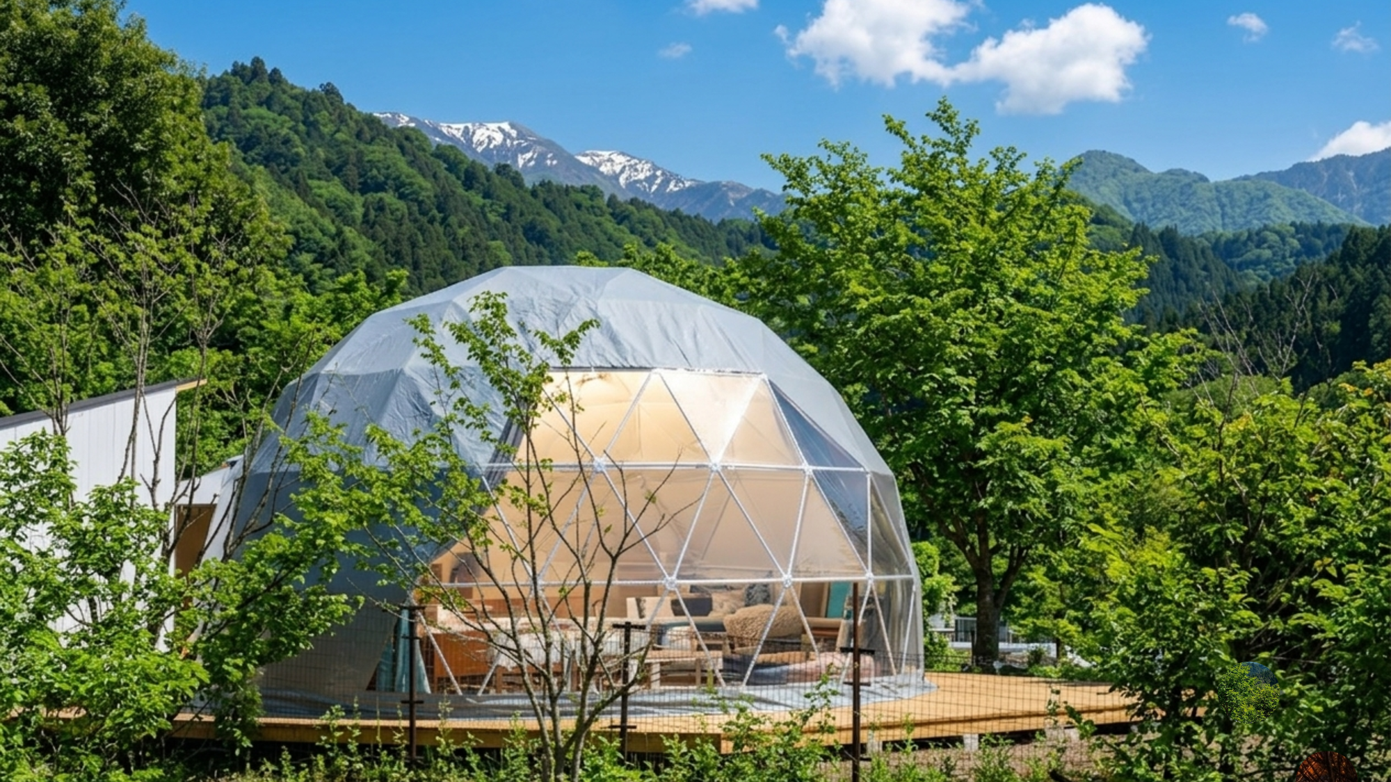 開放的なドームテントにBBQスペースも広々とあるルナ。目の前は湯舟川が流れ自然を楽しめるグランピングサイトです。