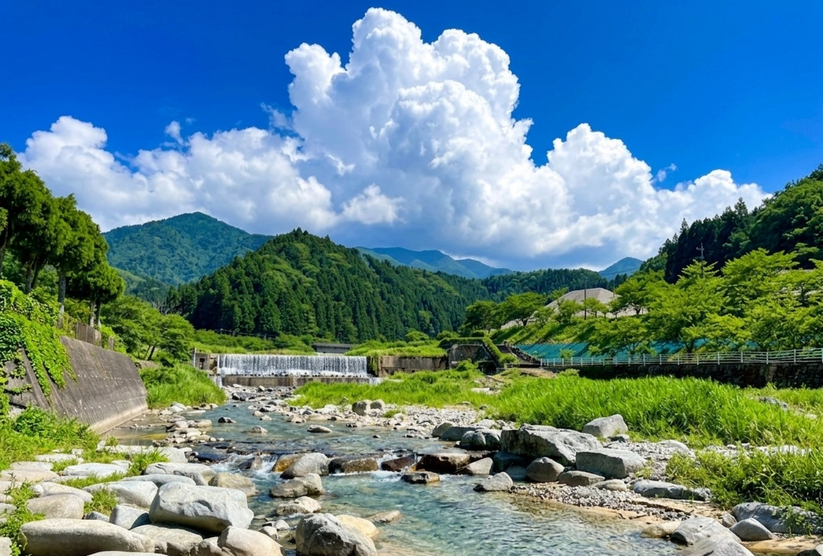 目の前を流れる湯舟川