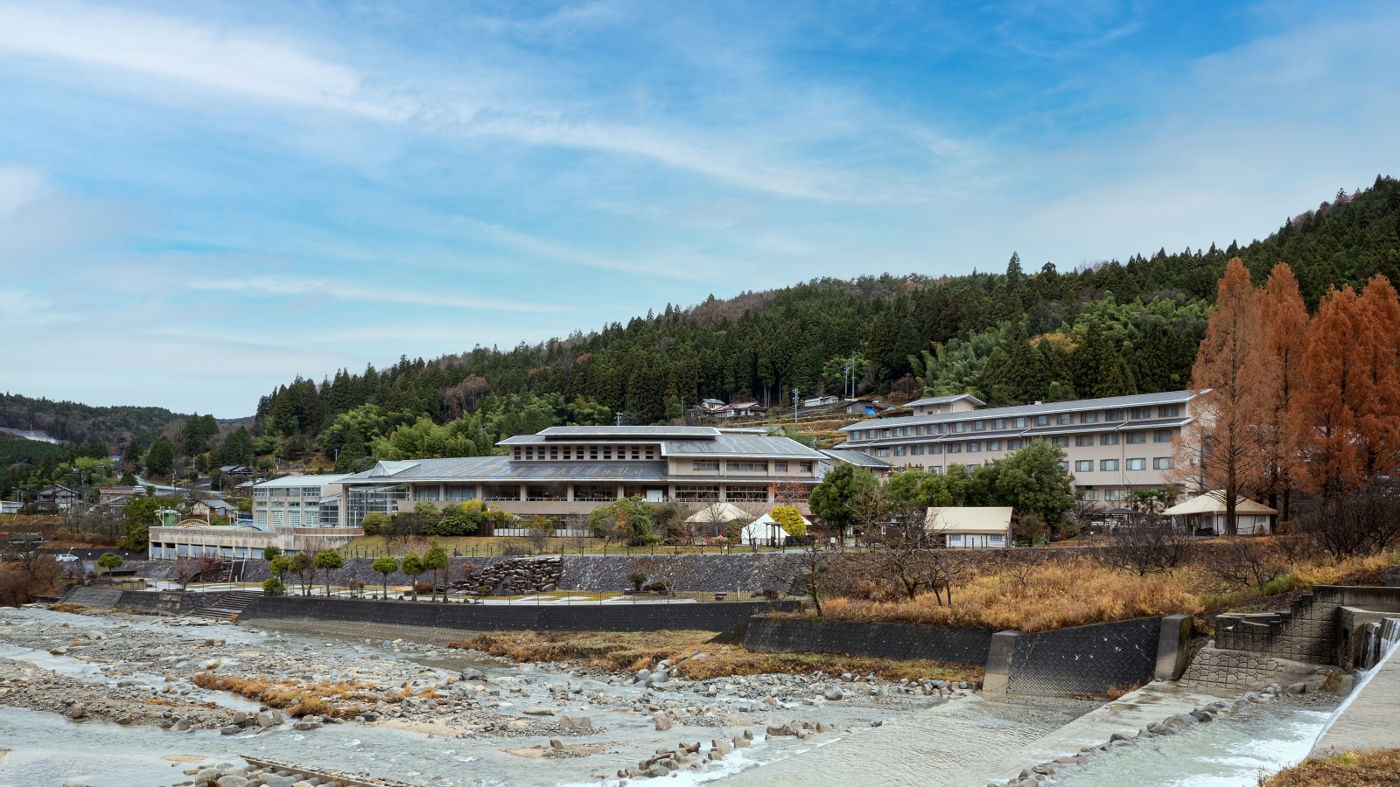 目の前の川からの景色