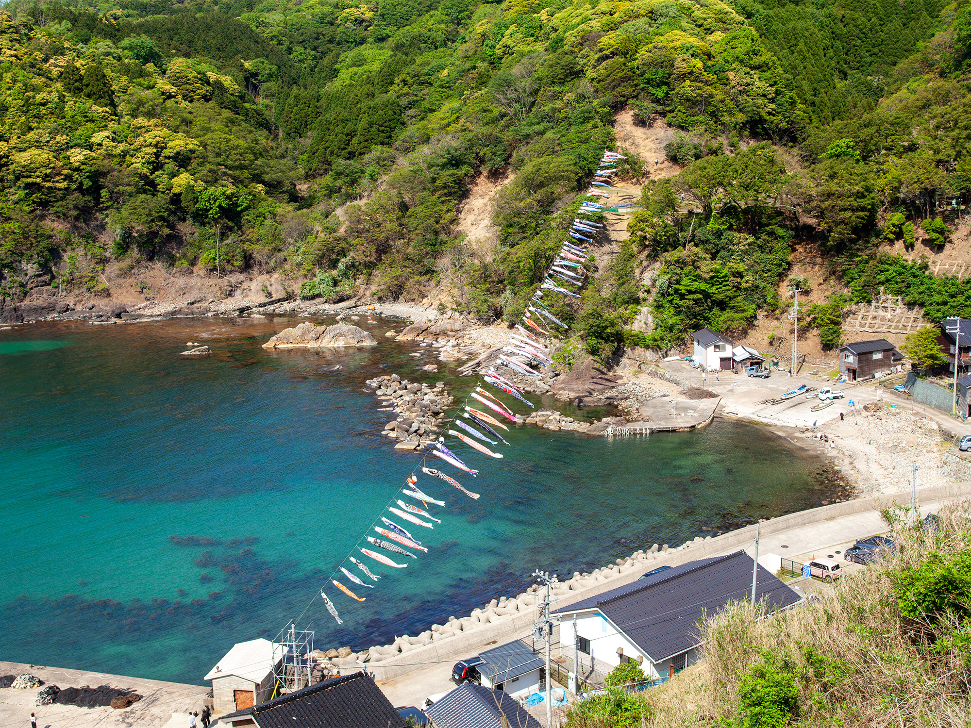 香住区鎧港の5月の海に泳ぐ鯉のぼり