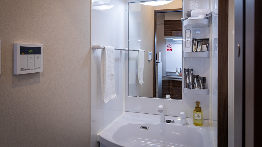 広びろとした明るい洗面台。シャワーノズル付。入浴時には左の壁の給湯機のスイッチをオン。