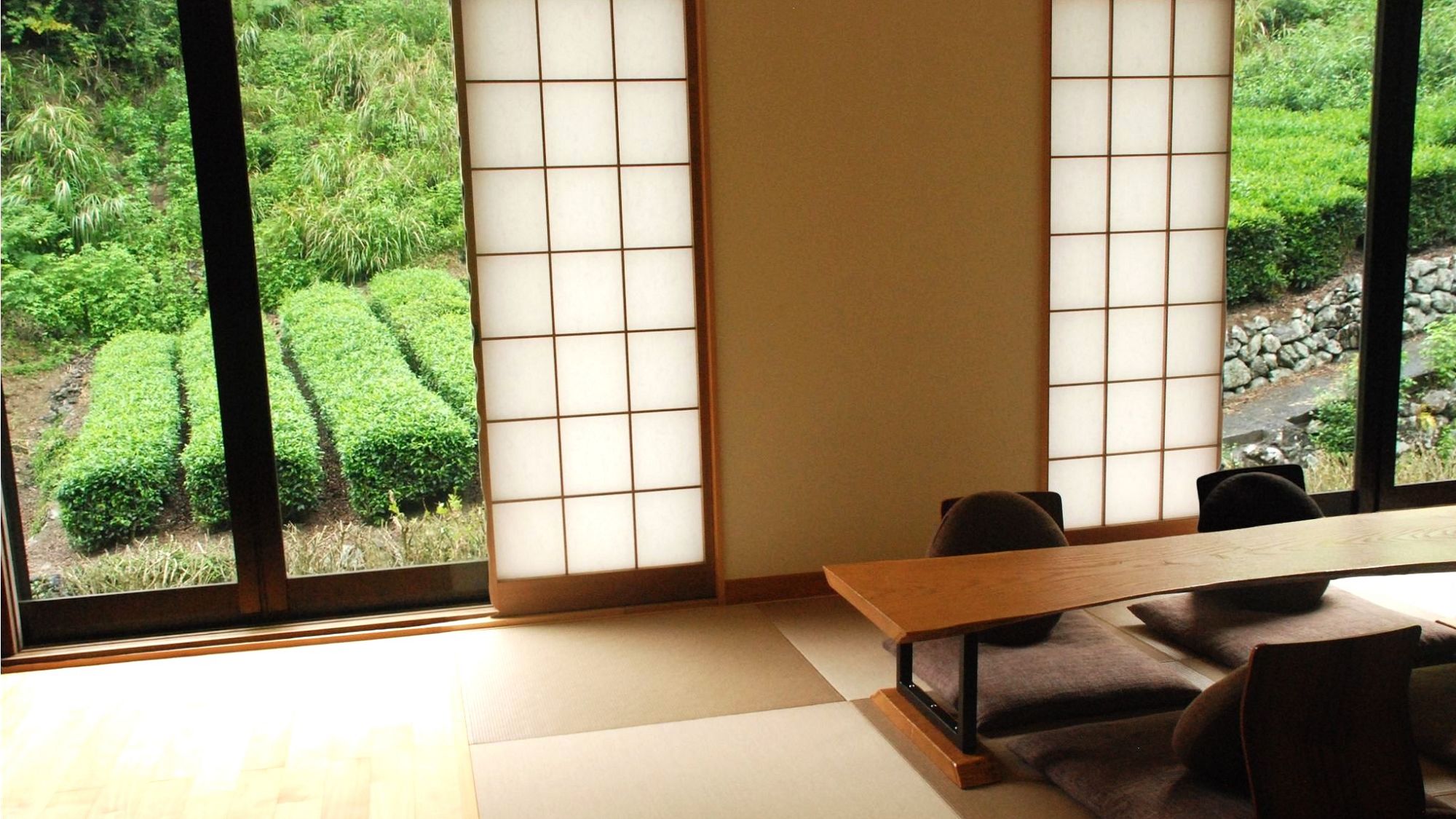 【Komorebi】お部屋の窓からお茶畑、深緑の山々を見渡すことができます。