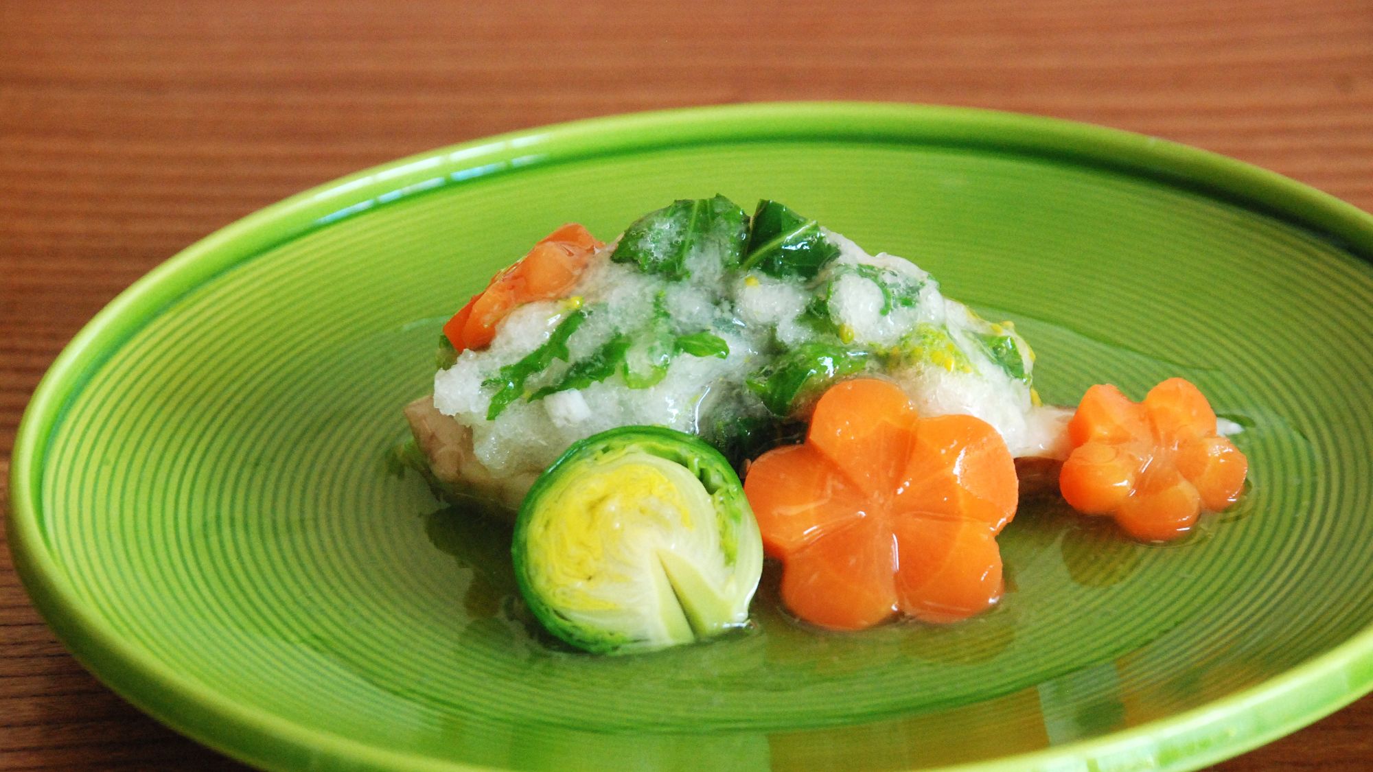 【お食事一例】脂が乗った旬の鰆と春の菜の花のみぞれ蒸し　餡には有東木産の山葵を。