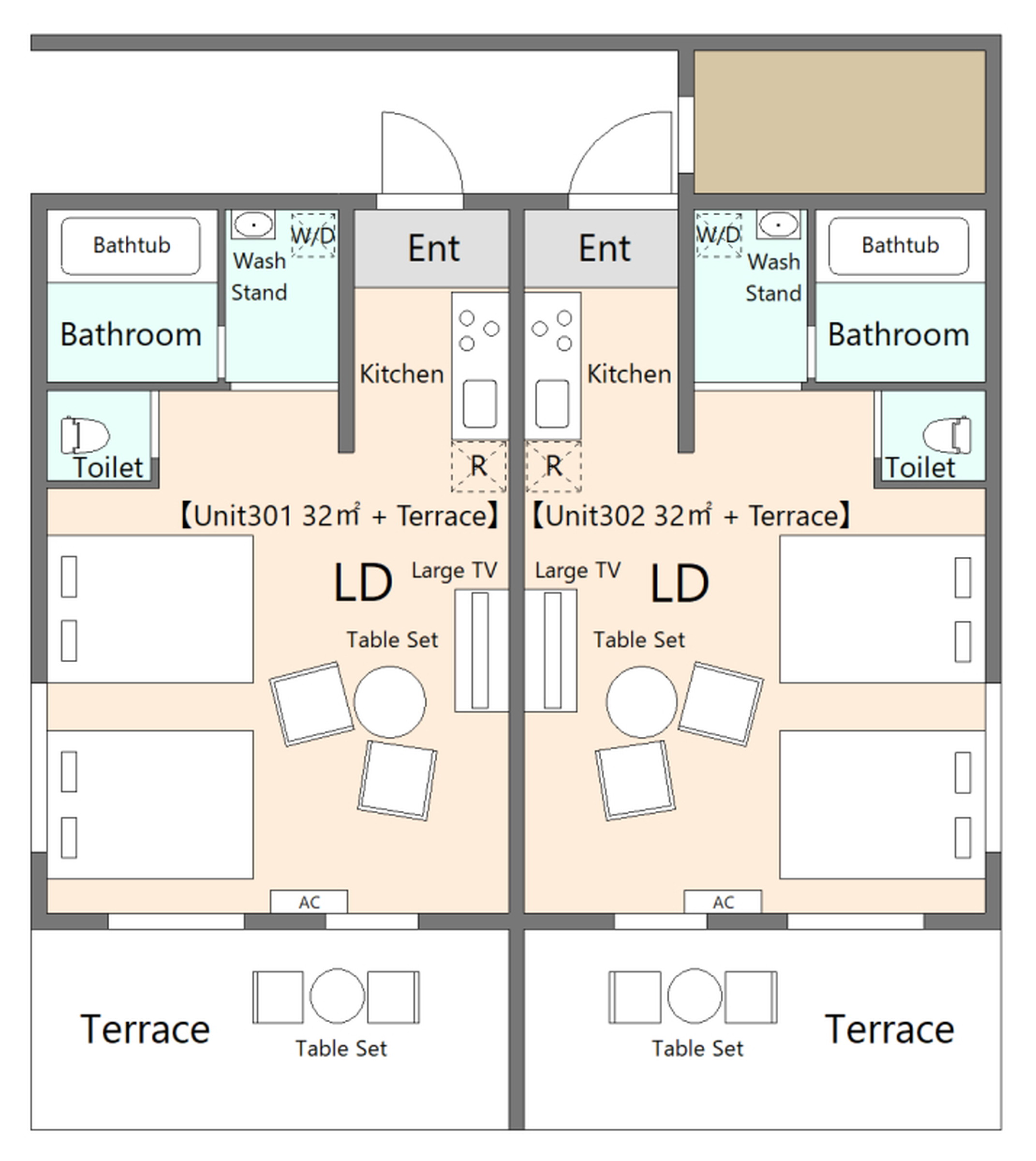 301(左側1室）・302（右側1室）：平面図