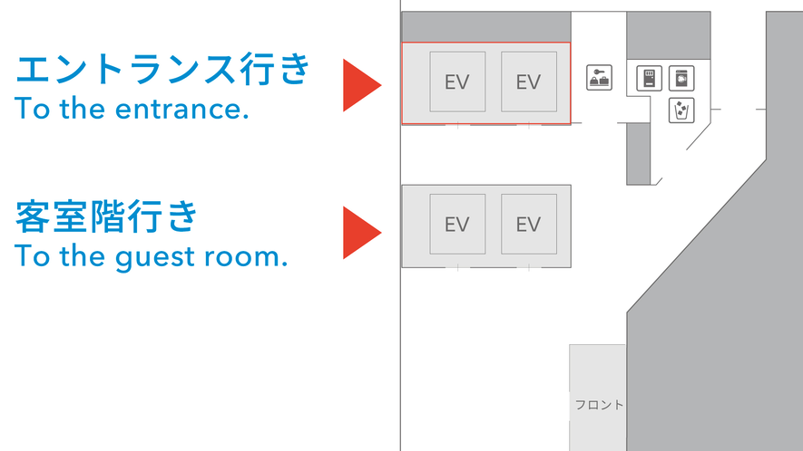 【フロント階エレベーター】エントランス行き：1～4階、客室階行き：4～10階、の2種類がございます。