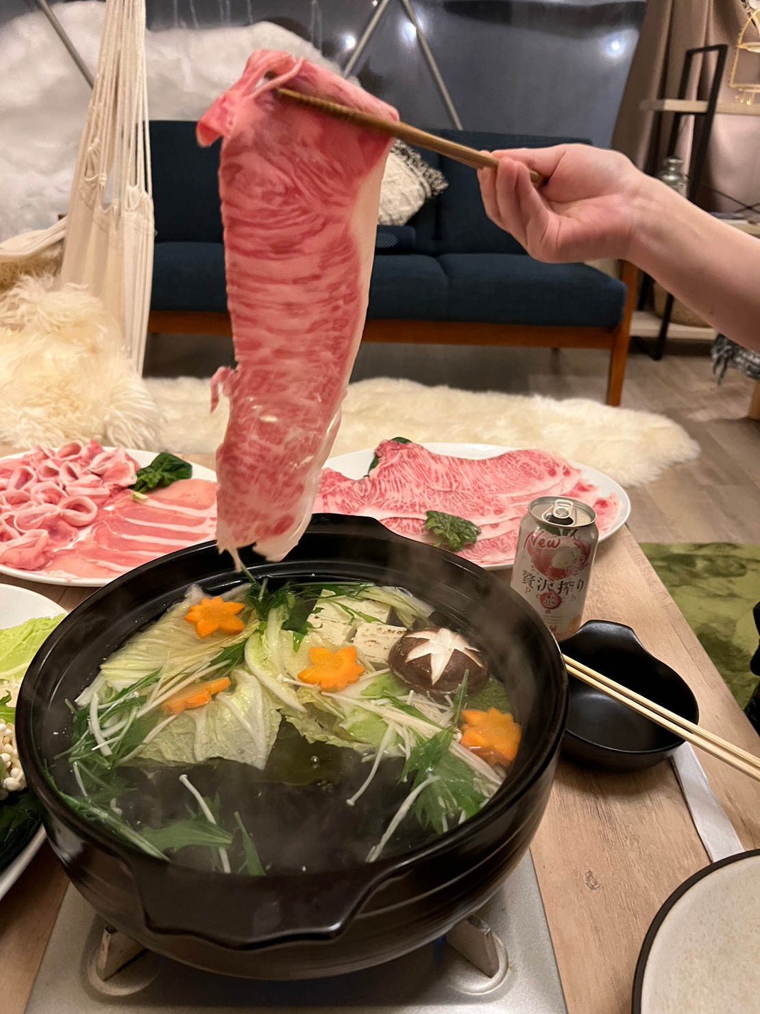 【グランピングdeお鍋を召し上がれ】贅沢に食べ比べ♪◇ふらの和牛とかみふらのポークWしゃぶしゃぶ！！