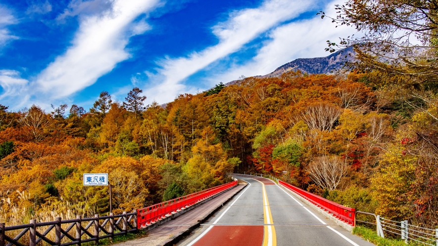 【周辺】通称「赤い橋」でおなじみ「東沢大橋」秋は燃え立つ山々の紅葉が素晴らしい！