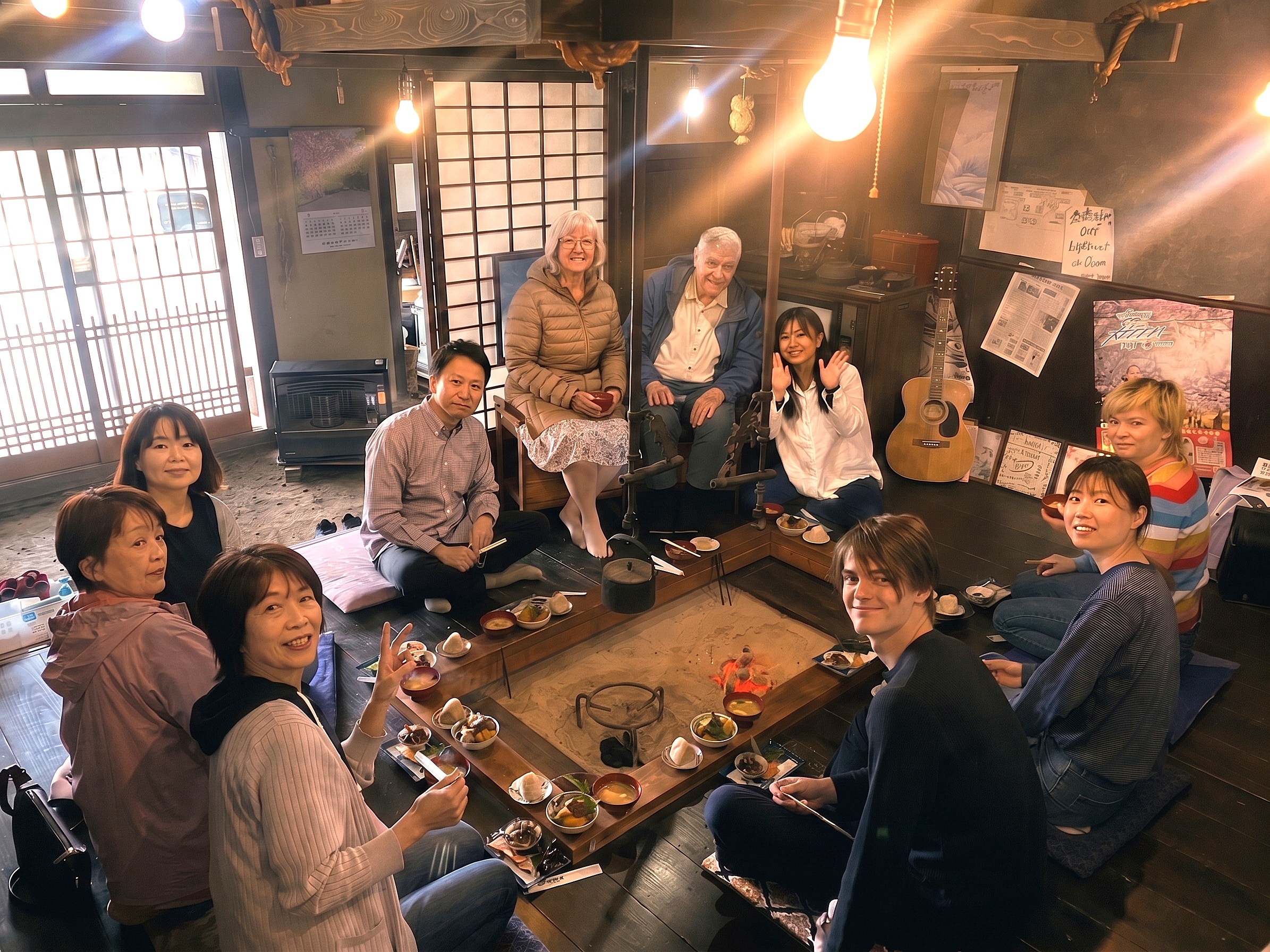 囲炉裏を囲めば、初対面でも自然と会話が始まる。国内外の旅人が集う交流の宿。