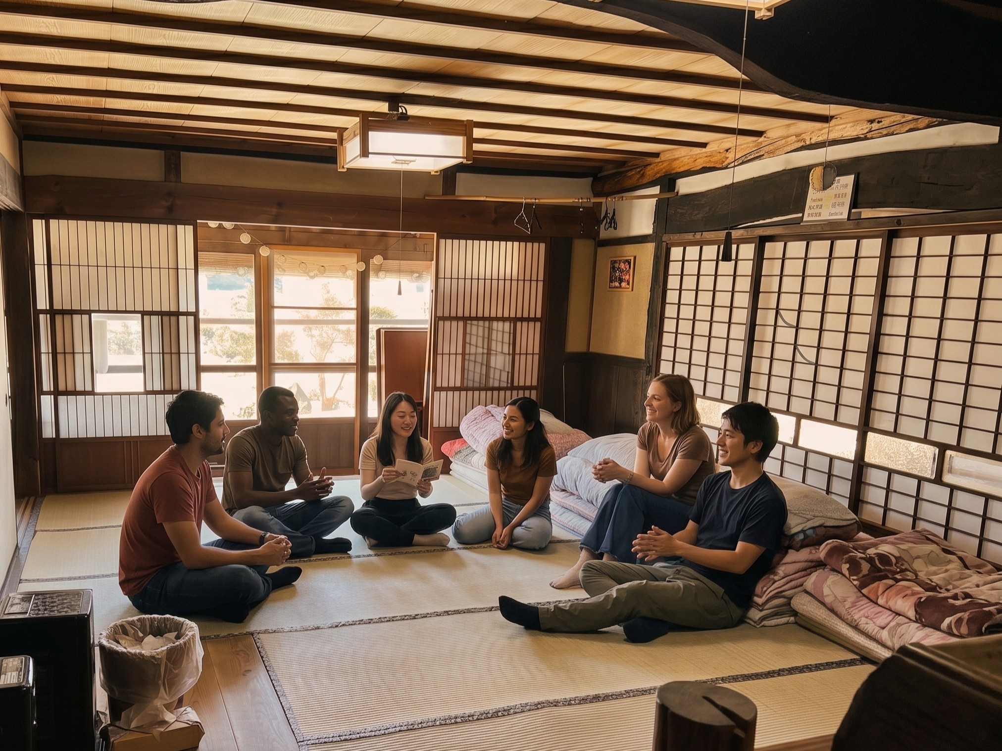 昔ながらの大広間に布団を敷いて泊まる相部屋。旅人同士が集うホステルらしい空間。
