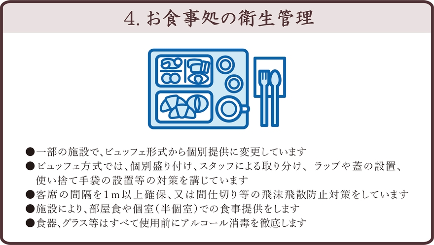 新型コロナウィルス感染拡大防止対策として「安心・安全の為の6つの取り組み」を実施しております。